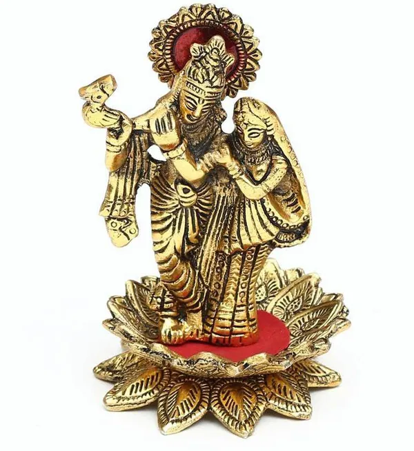 Radha_Krishna_Standing_On_Flower_With_Playing_Flute_Gold_Plated_Decorative_Showpiece_-_15_Cm_(Aluminium)